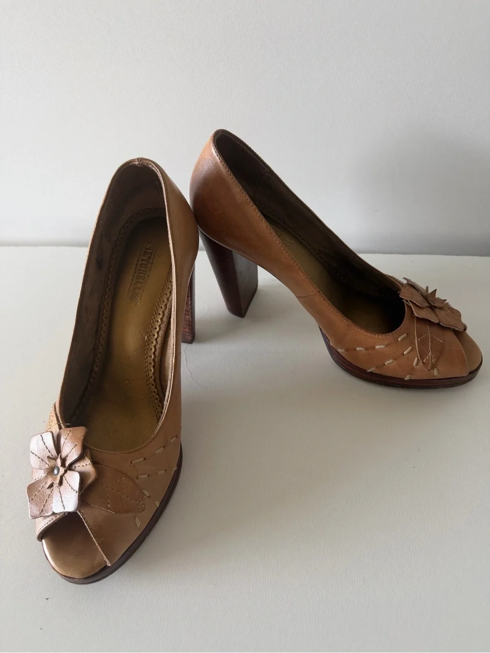 Seychelles Tan Leather Peep-Toe Heels with Floral Cutwork